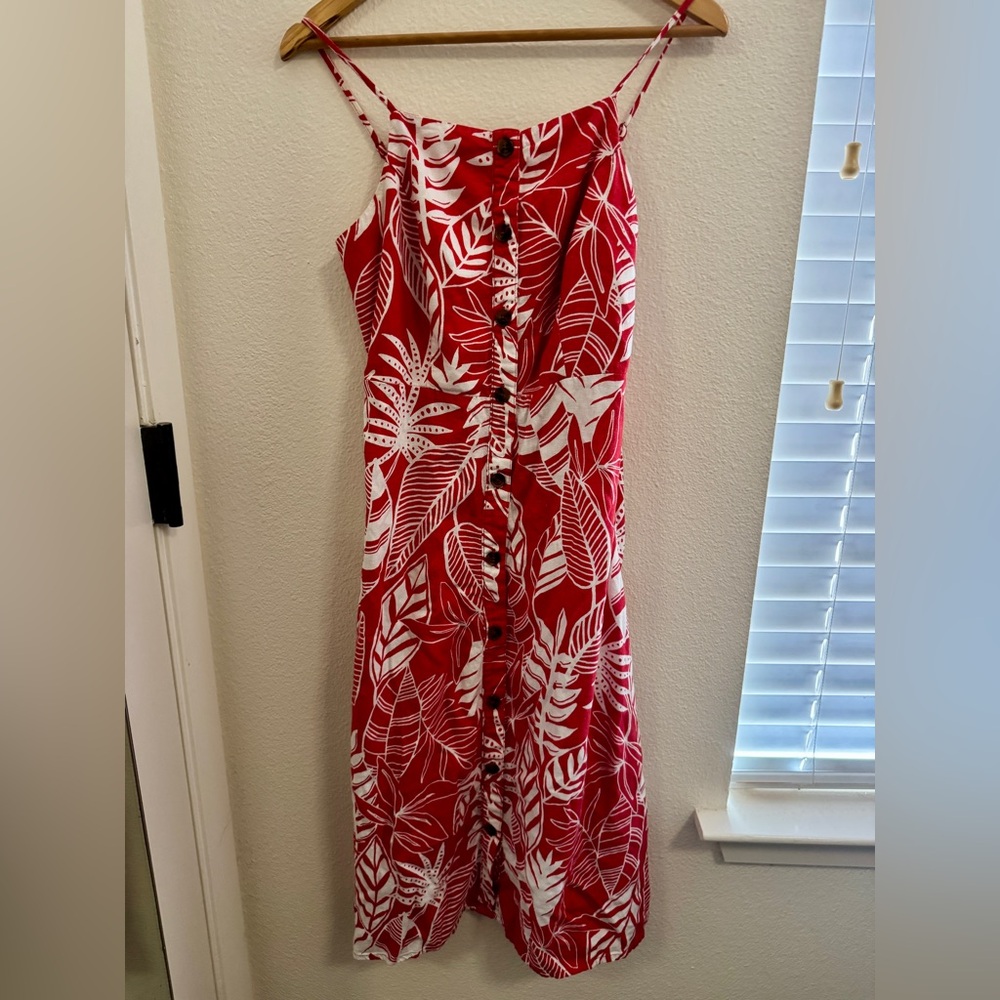Old Navy Linen Blend Red Tropical Leaf Print Strappy Dress Midi Size S